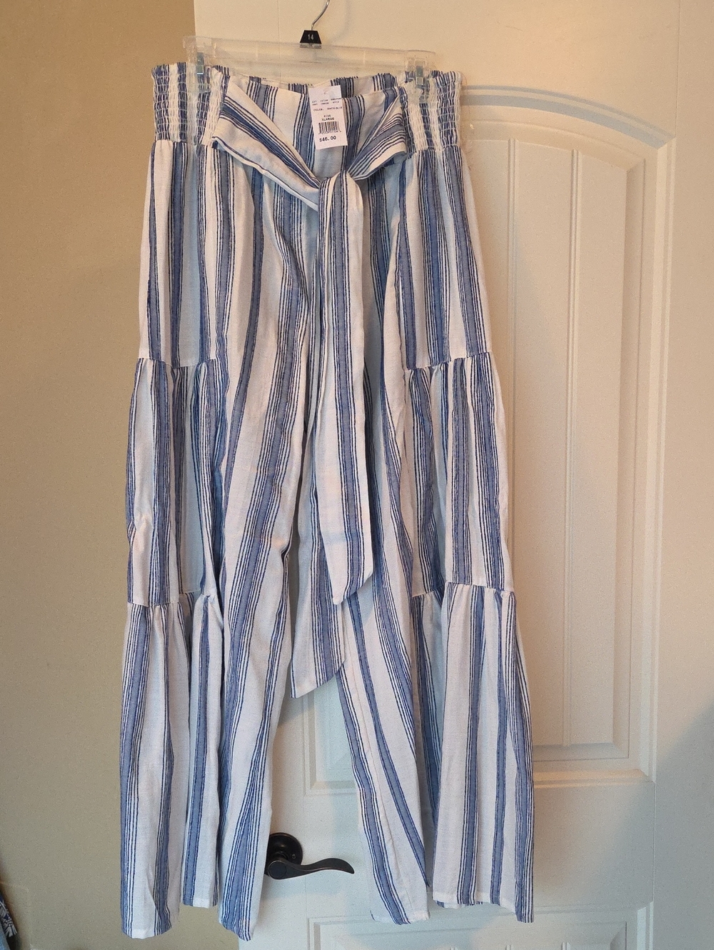 Angie White and Blue Striped Tiered Wide-Leg Pants